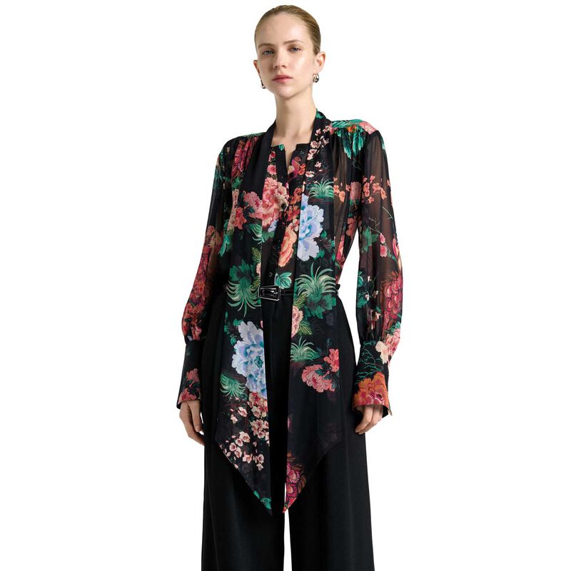 Cue Black Peacock Garden Georgette Tie Neck Blouse image number 0